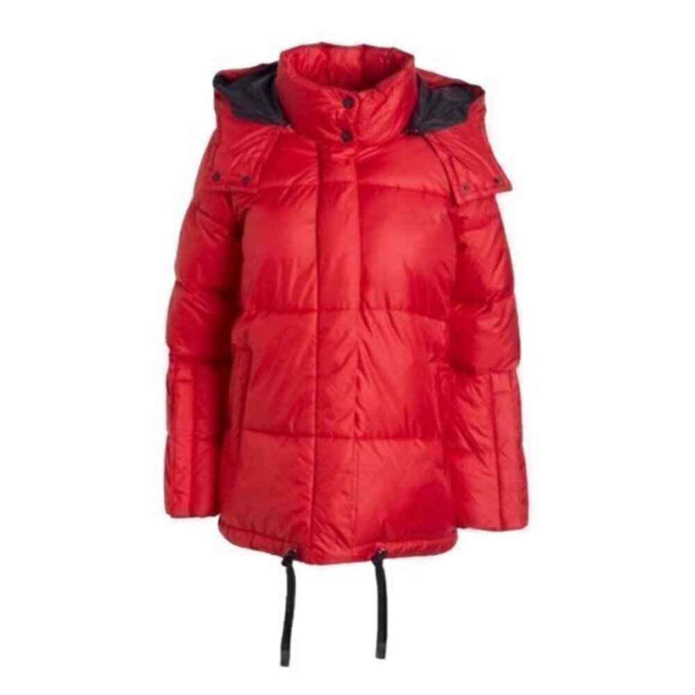 Steve Madden Women's Puffer Jacket Red Black Full Zip Hooded Insulated New Sz M